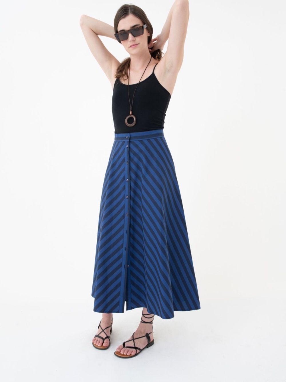 Heather Harlan Blue Striped Button Front Maxi Skirt Japanese Cotton Poplin NWOT